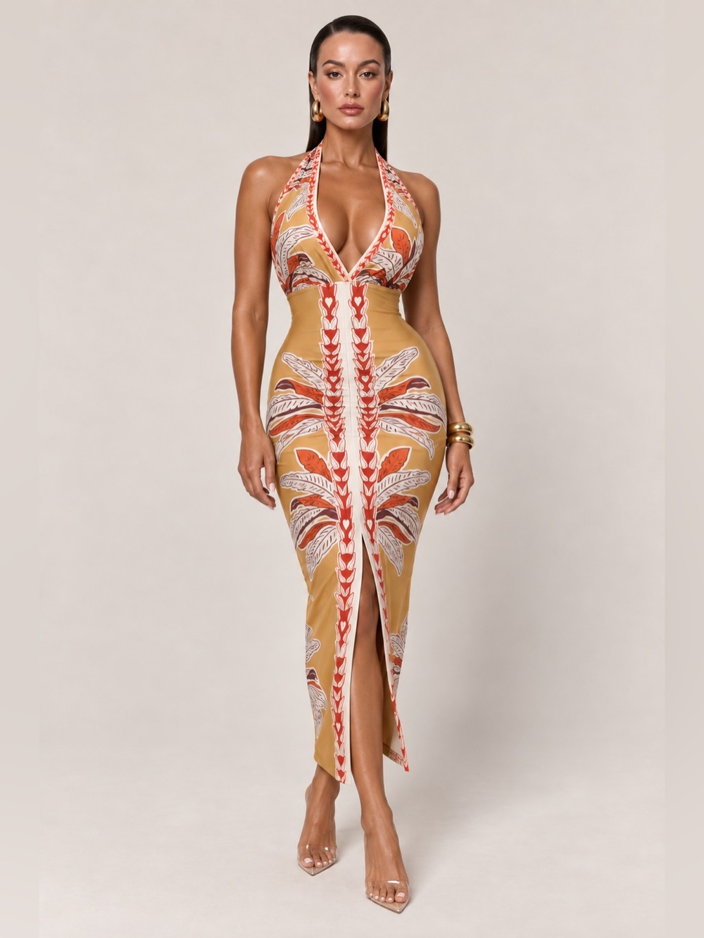 Halter Maxi Dress with Tropical Print in Mustard and Coral